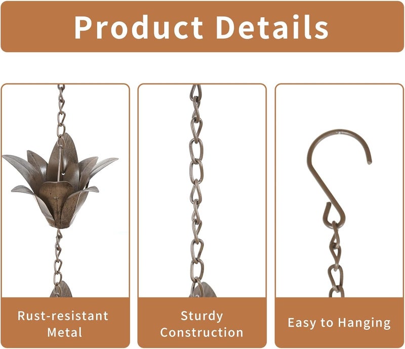 DUSVALLY Rain Chain, 7.88 FT Metal Flower Rain Chain, Functional and Decorative Replacement for Gutter Downspouts, Adjustable, Antique Silver - Image 5